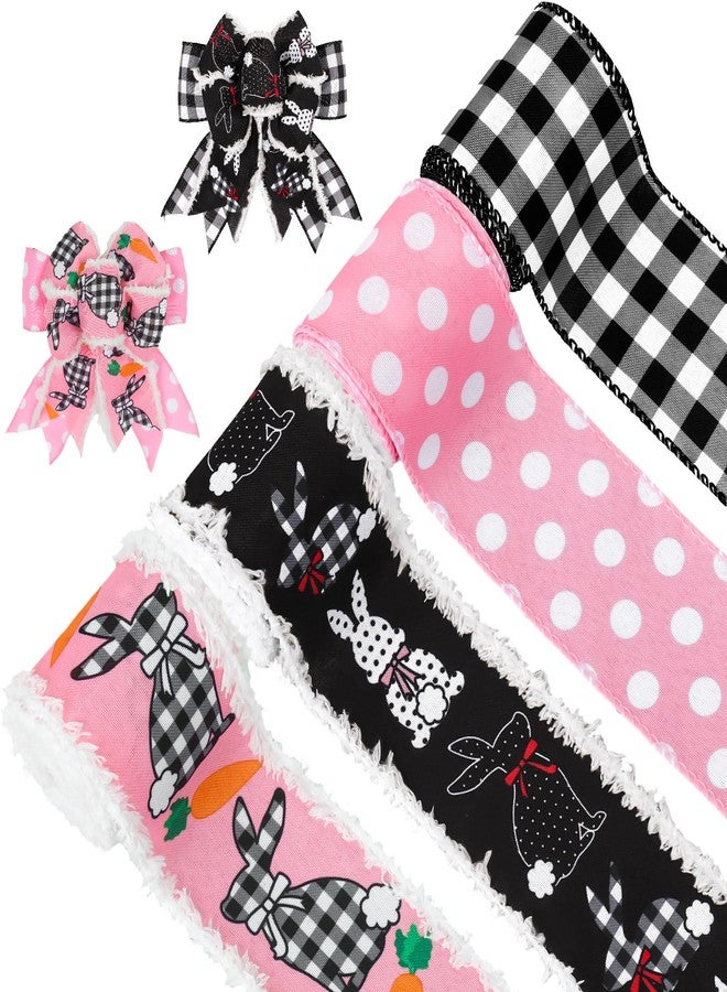 وولاين شريط سلكي لعيد الفصح من والين، عرض 2.5 بوصة، بنقشة أرنب ريفية، مصنوع من قماش مزخرف بنقوش مربعة باللونين الوردي والأسود، بحافة سلكية، مثالي لتغليف هدايا الربيع، وصنع أكاليل الزهور، وتزيين الحفلات، بطول 24 ياردة، موزعة على 4 لفات. - Image 1